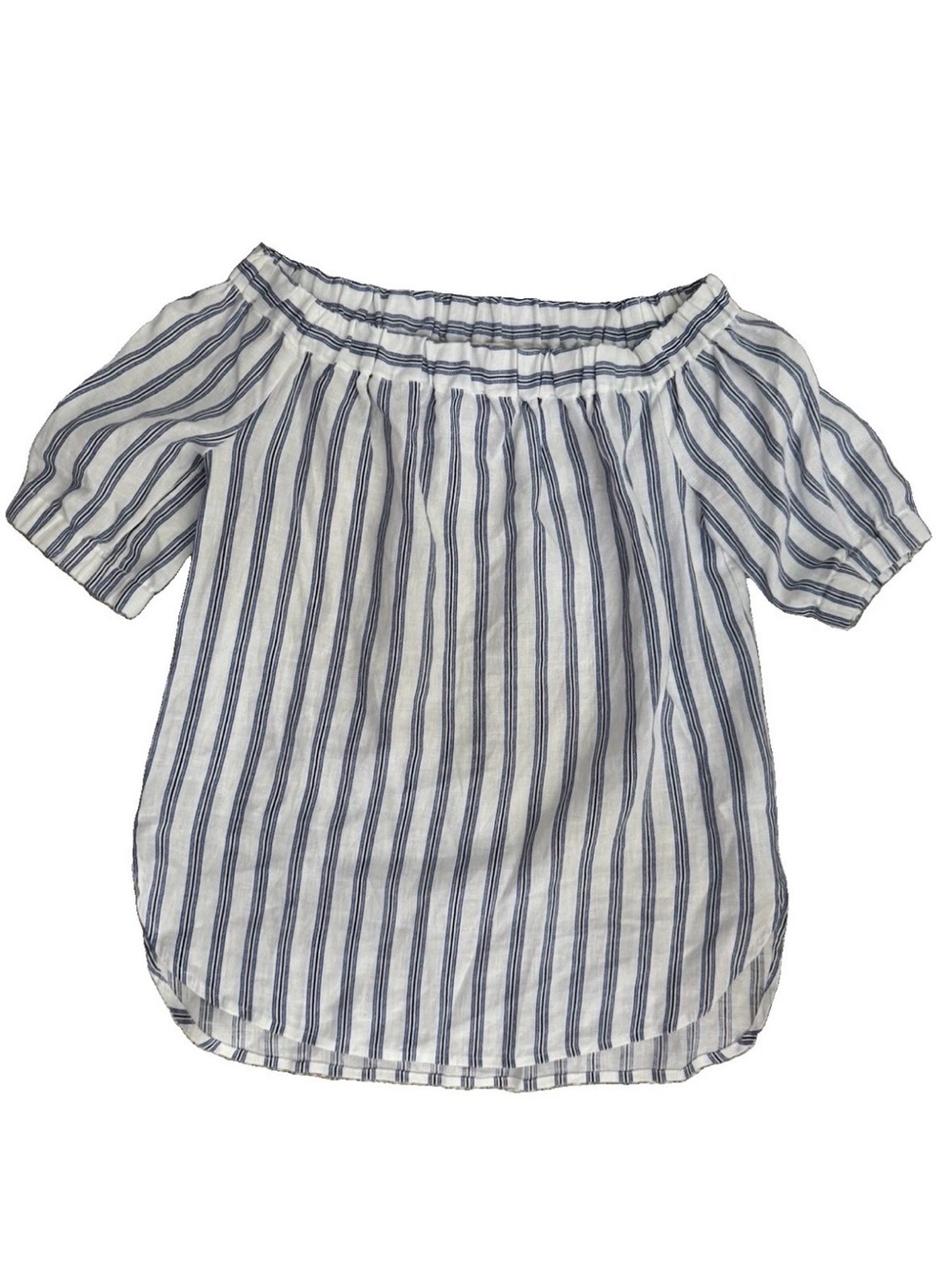 Michael Kors Linen Off Shoulder Top M Medium Blue White Striped Puff Sleeve